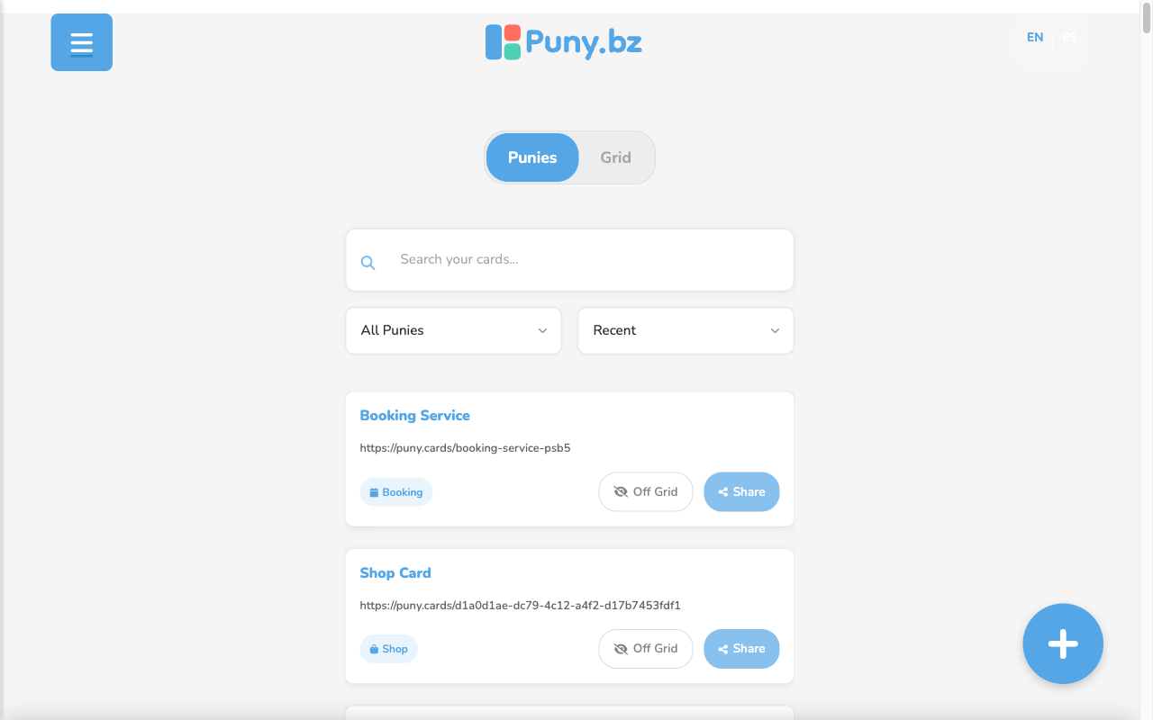 Puny.bz dashboard showing the Punies list and the + button to create a new one