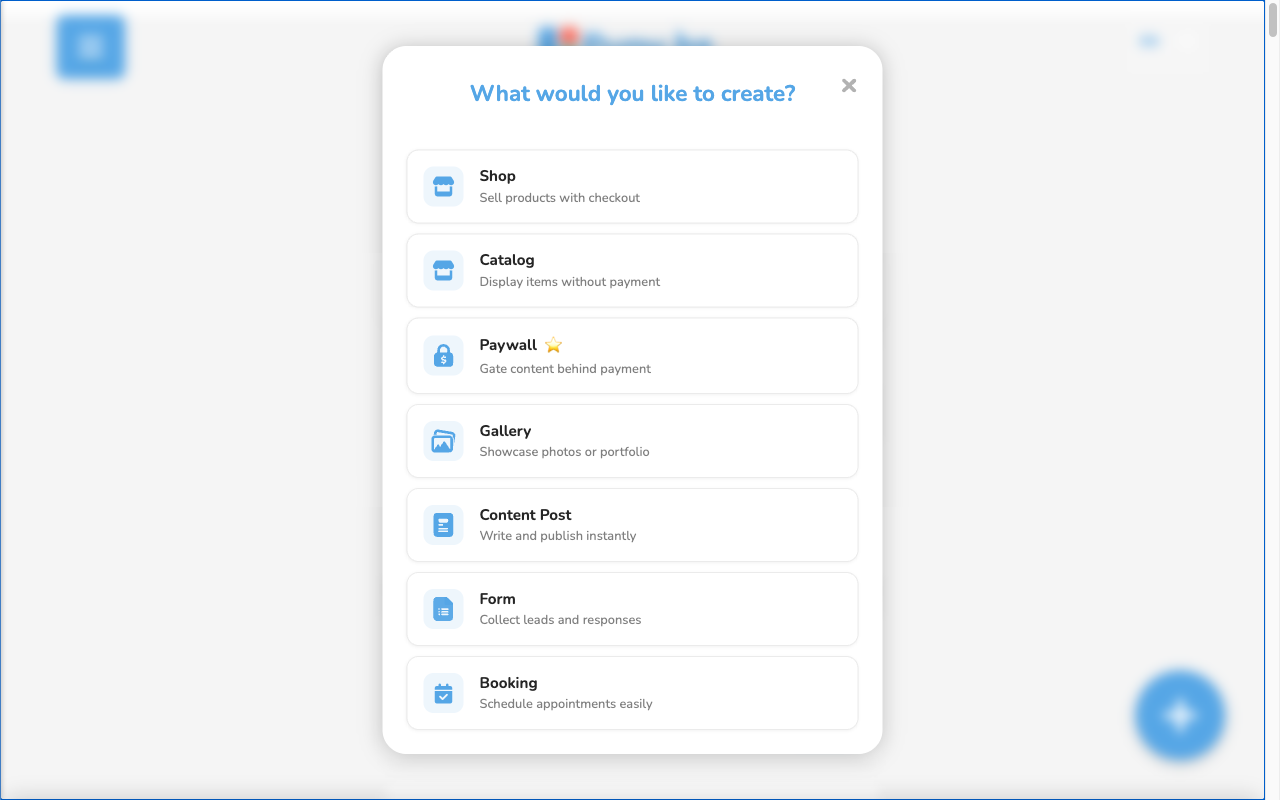 Modal for creating a new Puny showing the available options