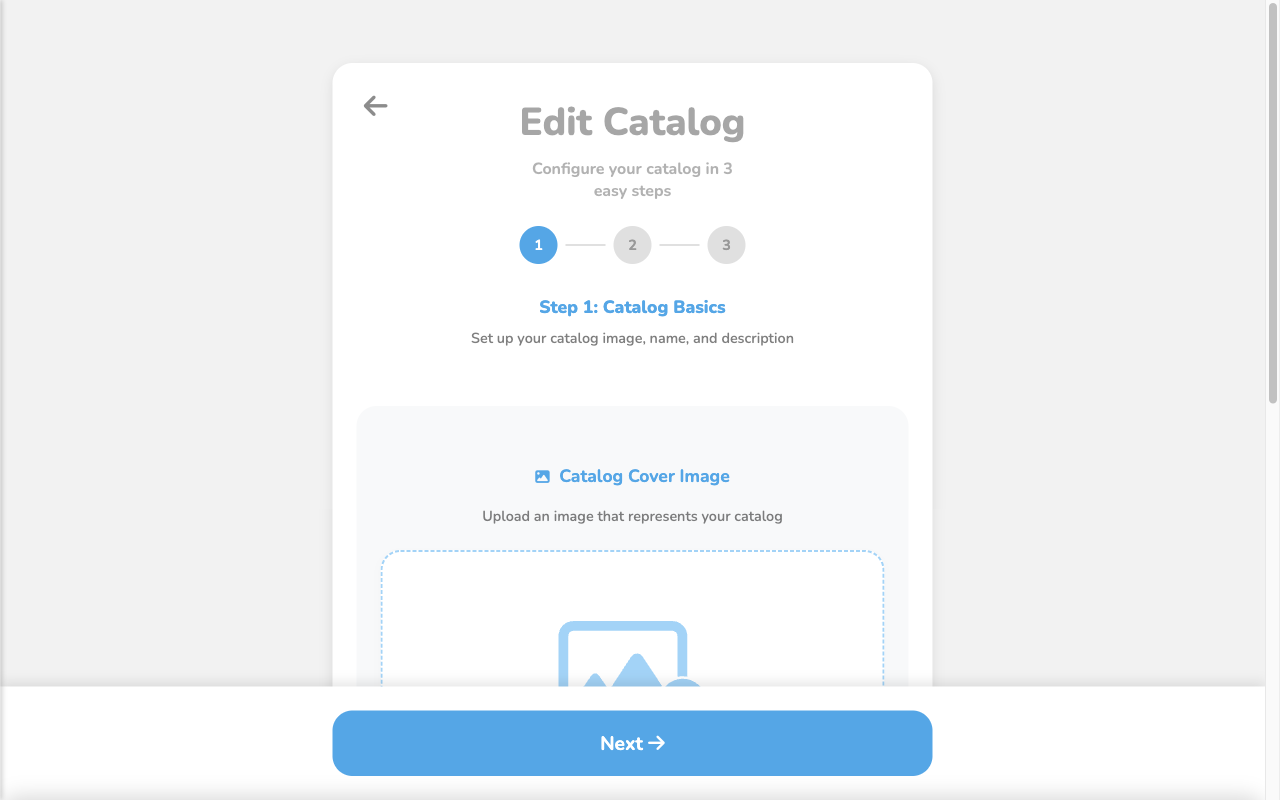 Catalog editor showing Step 1: Catalog Basics