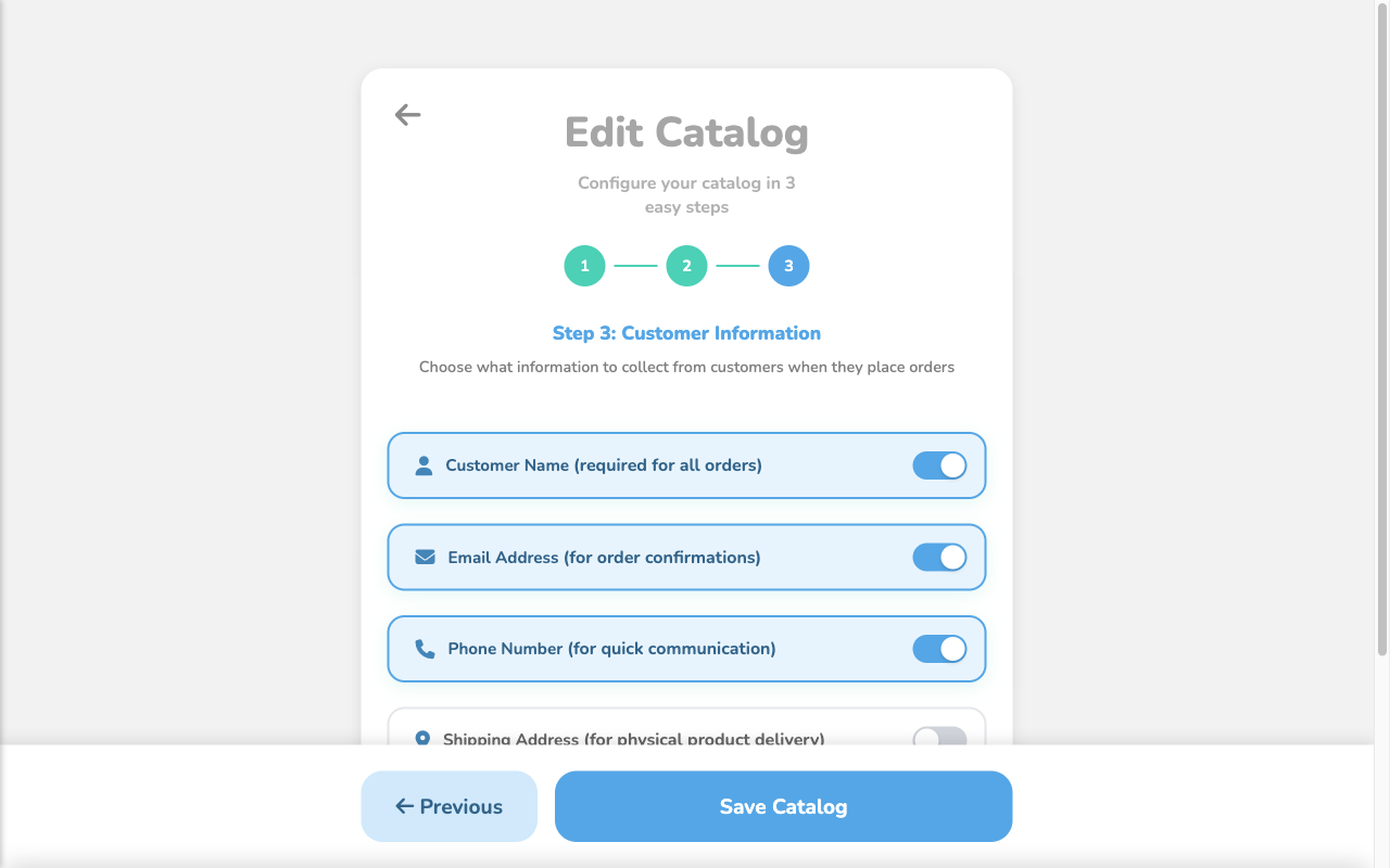 Step 3 of the editor: customer information fields